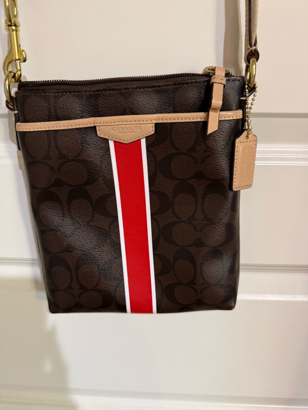 Coach Brown Signature Crossbody with Red & White Stripe